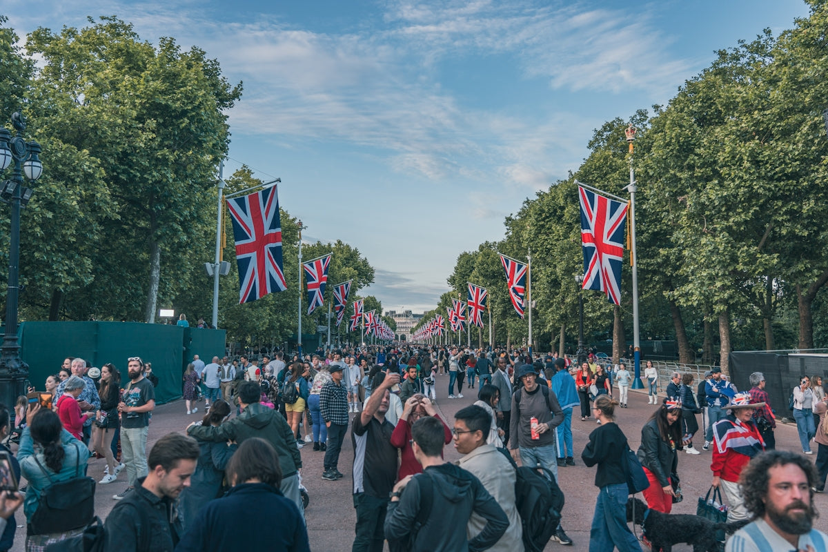 a crowd of people walking down a street next to trees