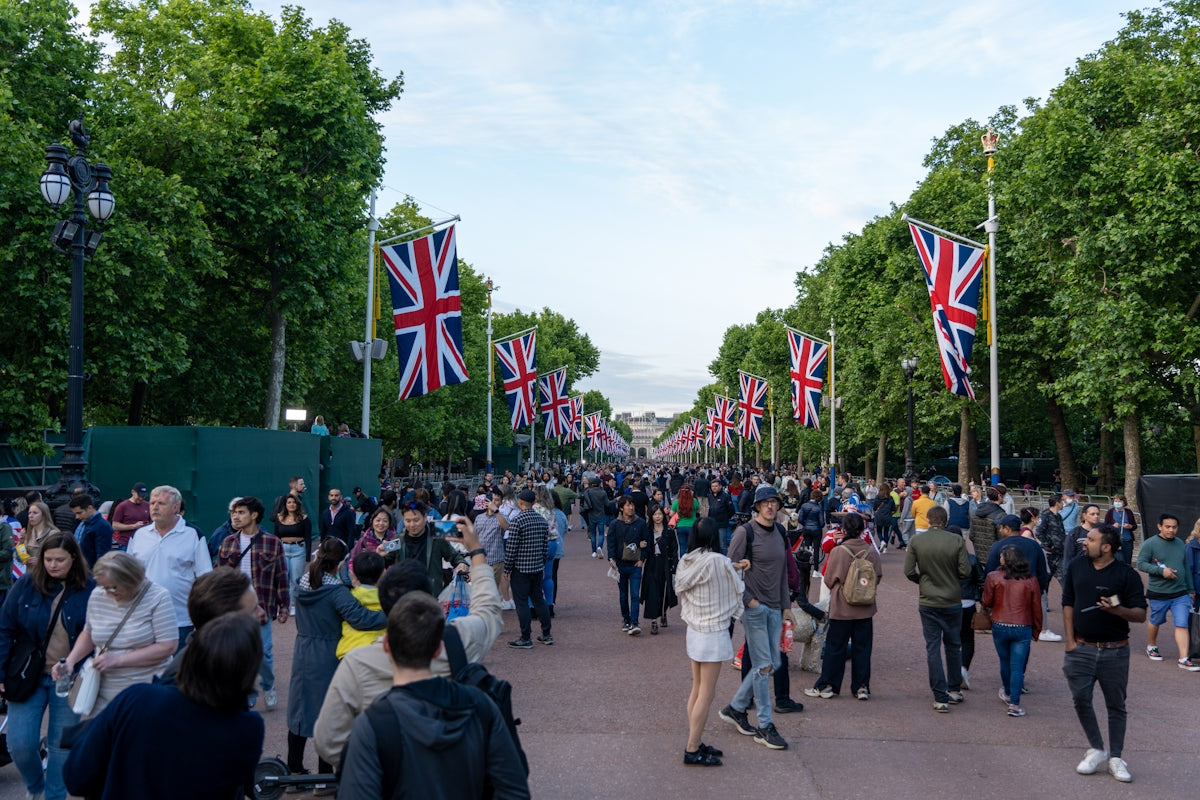a large group of people walking down a street