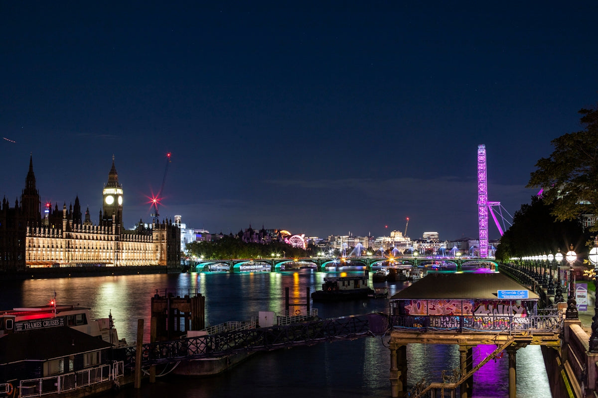 London skyline at night with big ben and london eye.