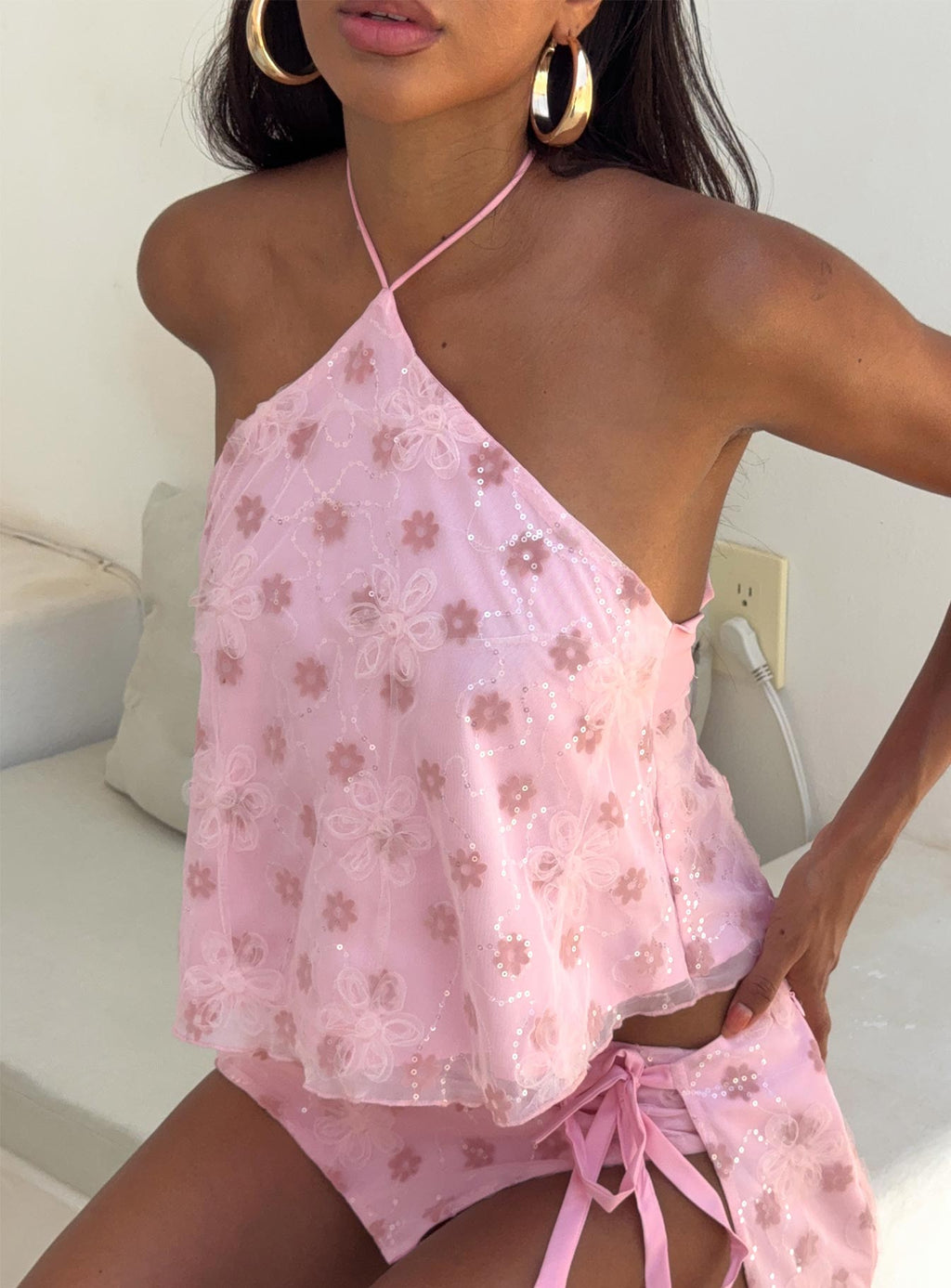 Pink Floral Print Tie-Up Set