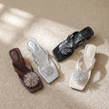 Crystal Embellished Square Toe Block Heel Sandals