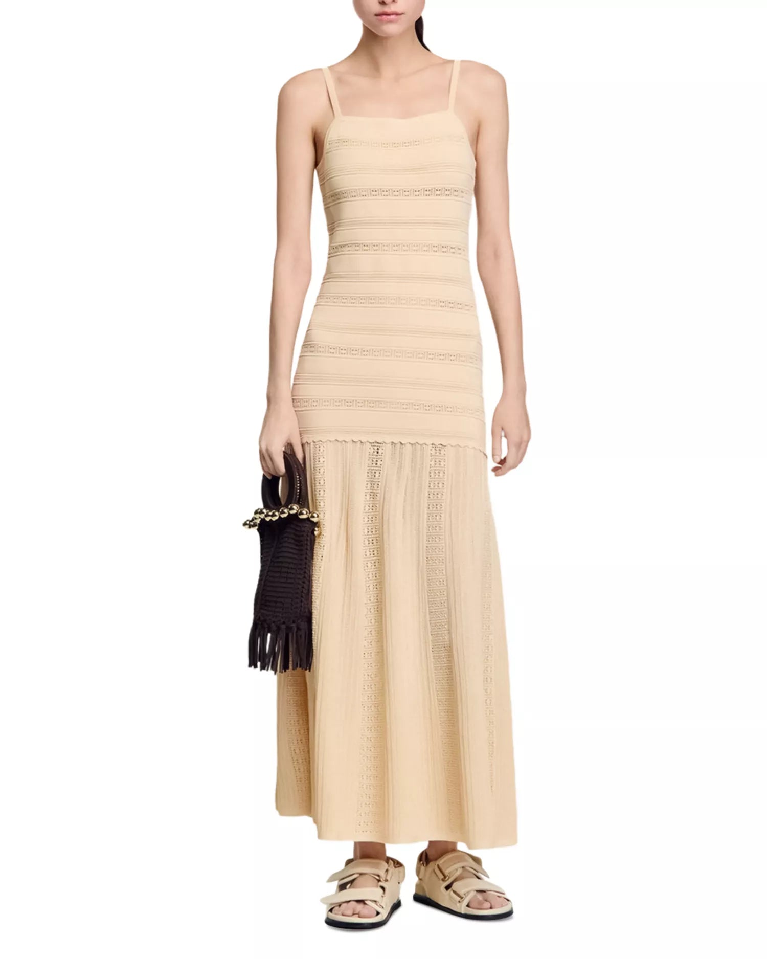 Elegant Nude Crochet Knit Maxi Dress for Women