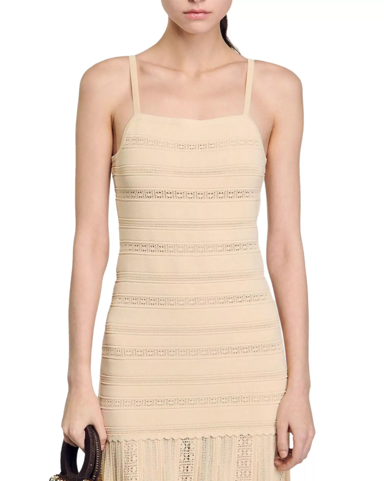 Elegant Nude Crochet Knit Maxi Dress for Women