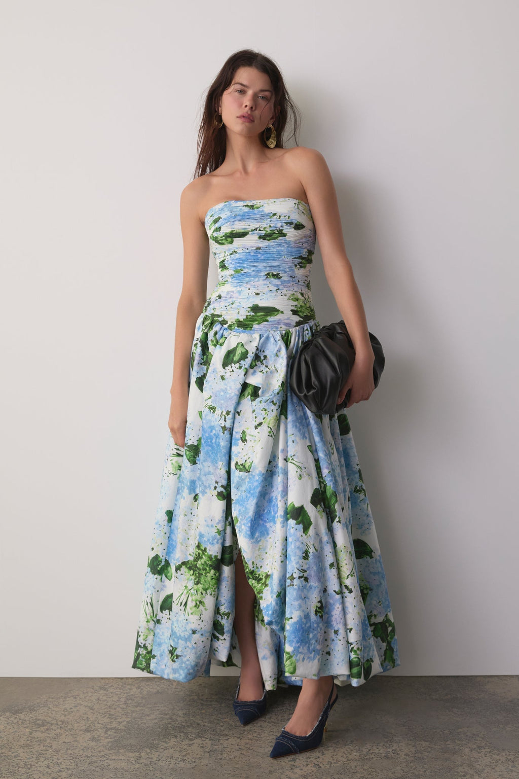 Blue Floral Pleated Strapless Long Dress