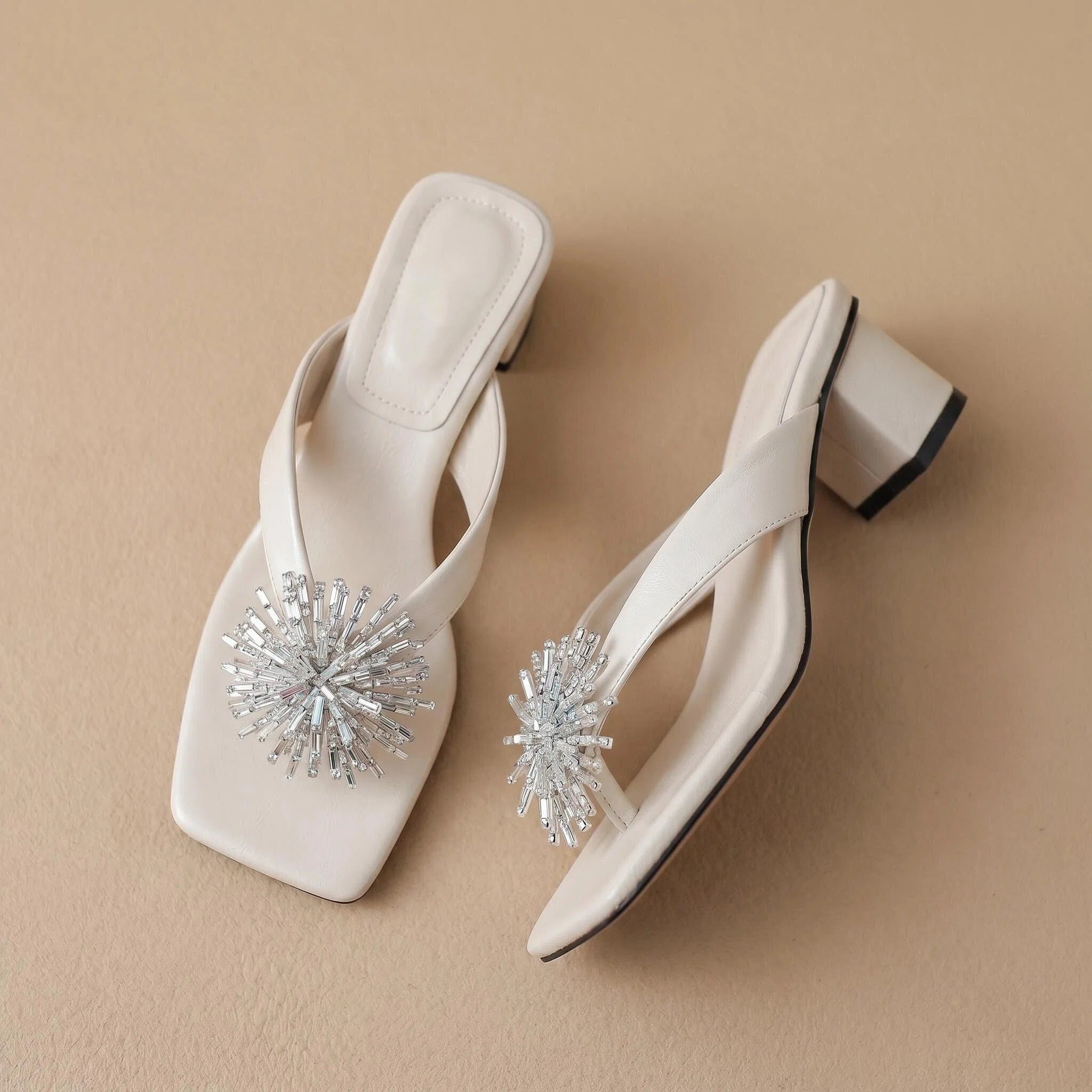 Crystal Embellished Square Toe Block Heel Sandals