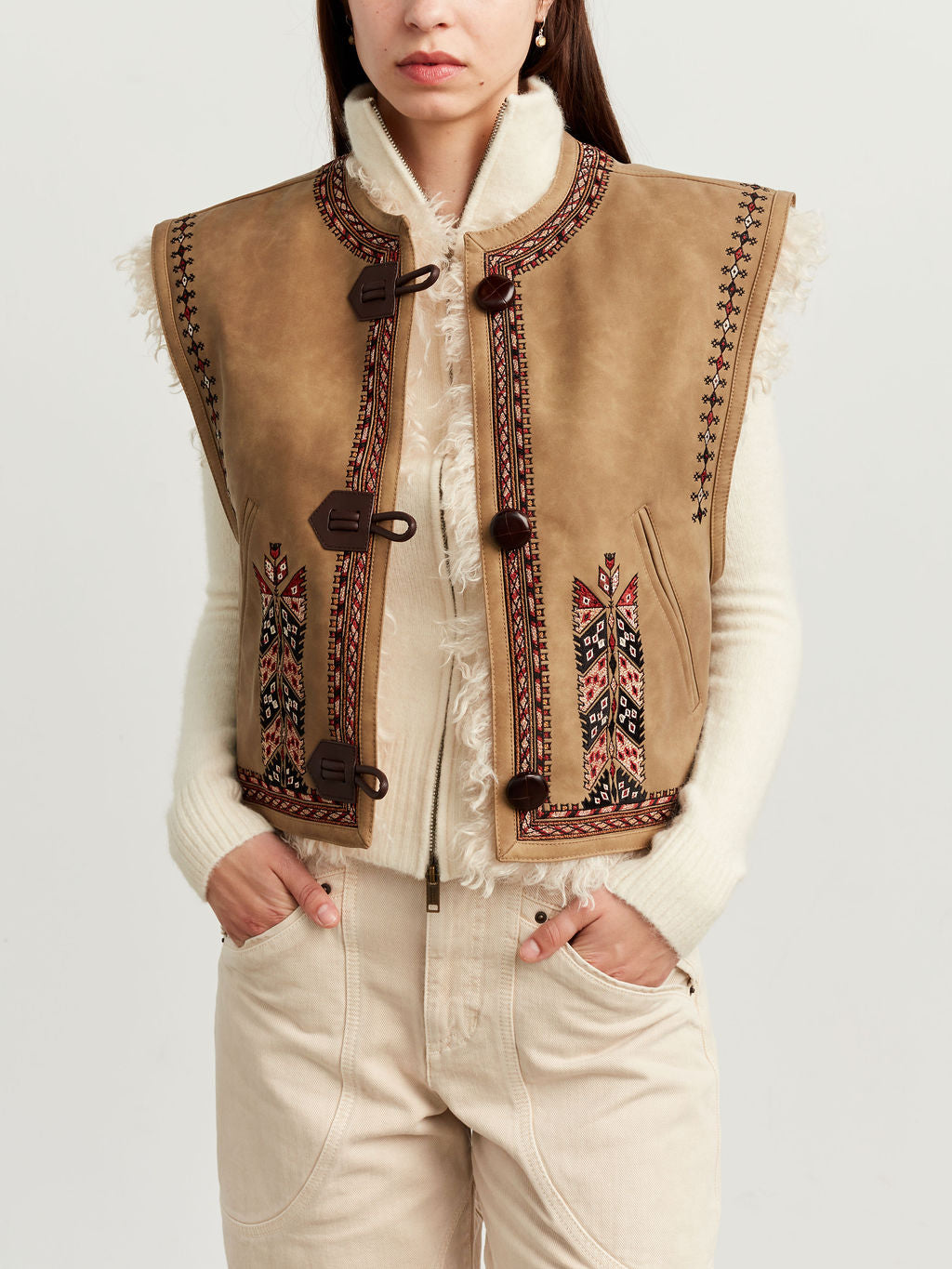 Embroidered Suede Fur Vest