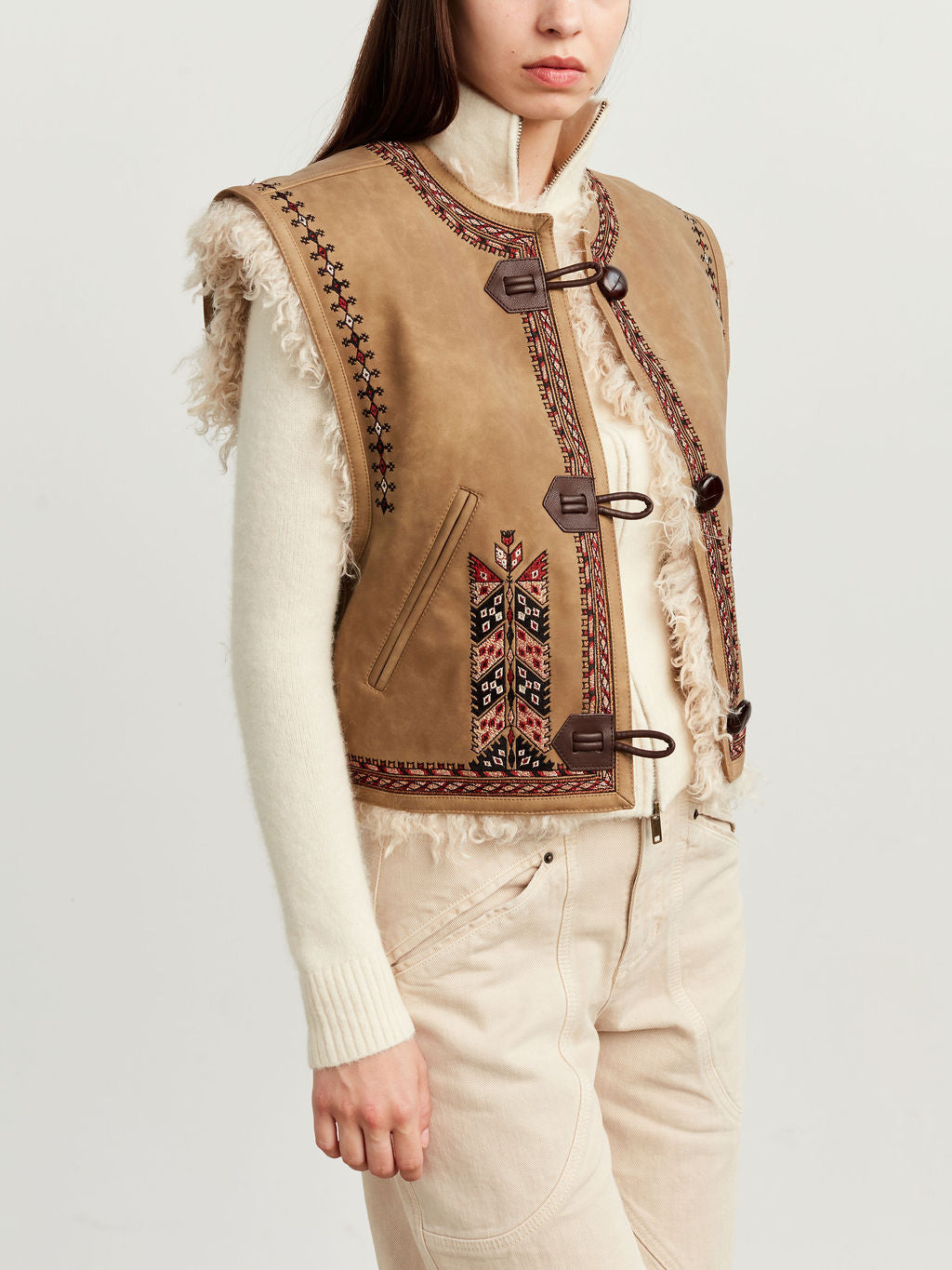 Embroidered Suede Fur Vest