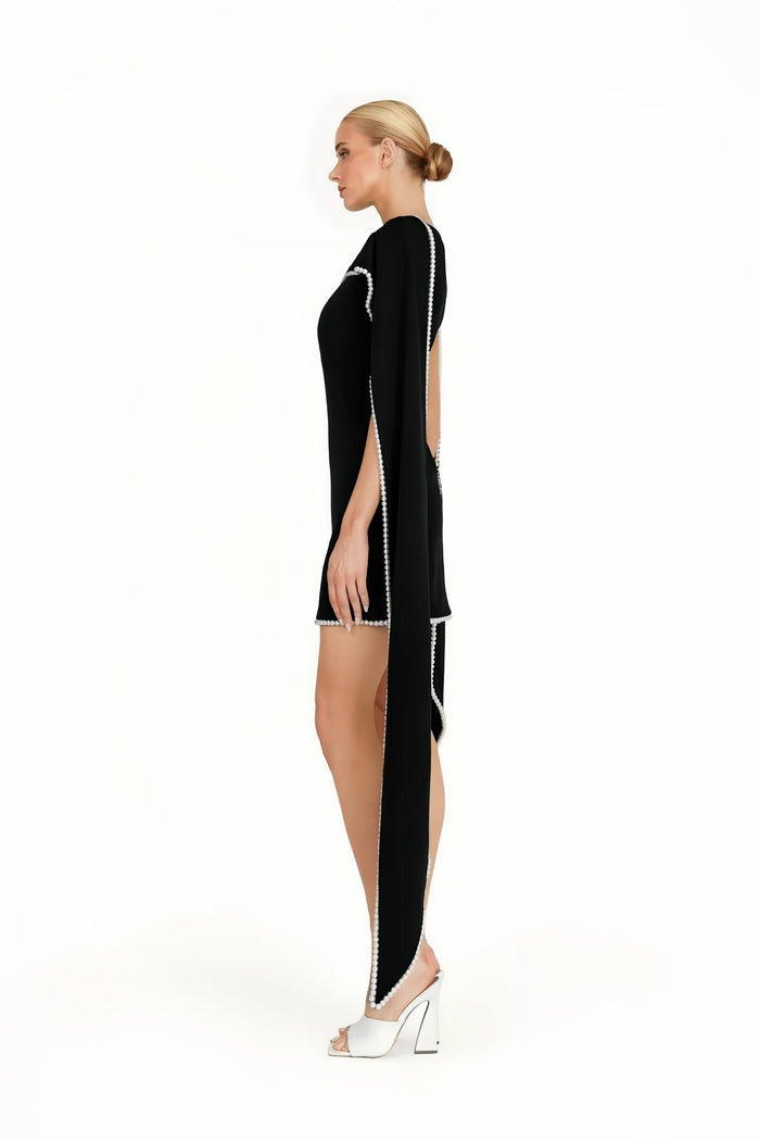Piroska Black Sleeveless Pearl Trim Mini Dress