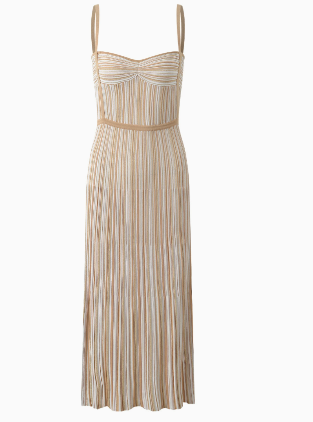 Beige Striped Pleated Maxi Knit Dress