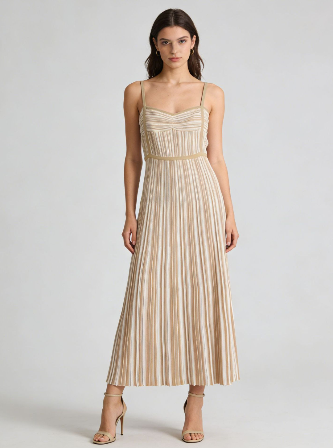 Beige Striped Pleated Maxi Knit Dress