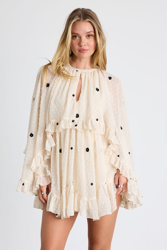 Beige Swiss Dot Cape Sleeve Layered Mini Dress