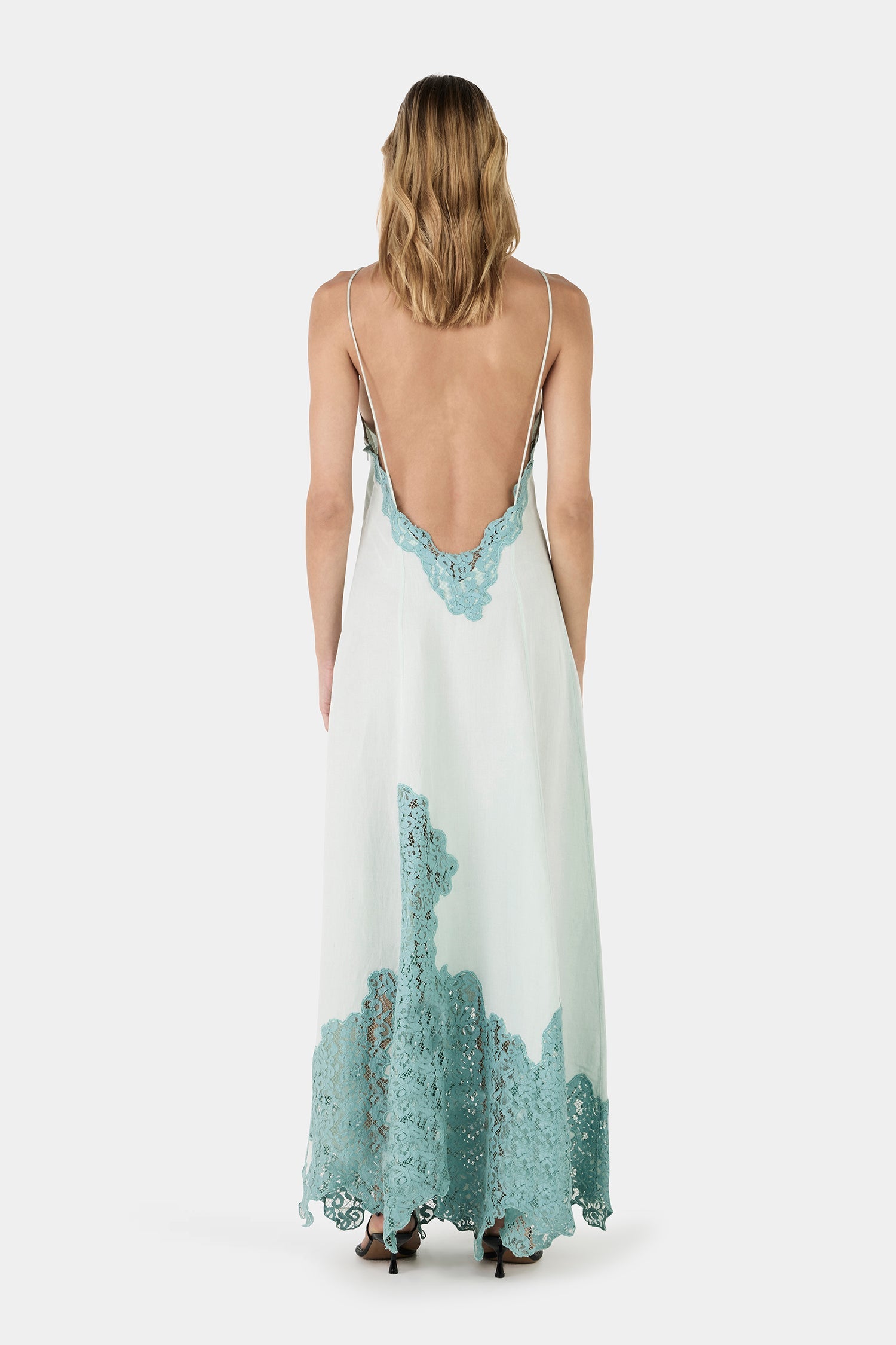 Ocean-Colored Lace Long Dress