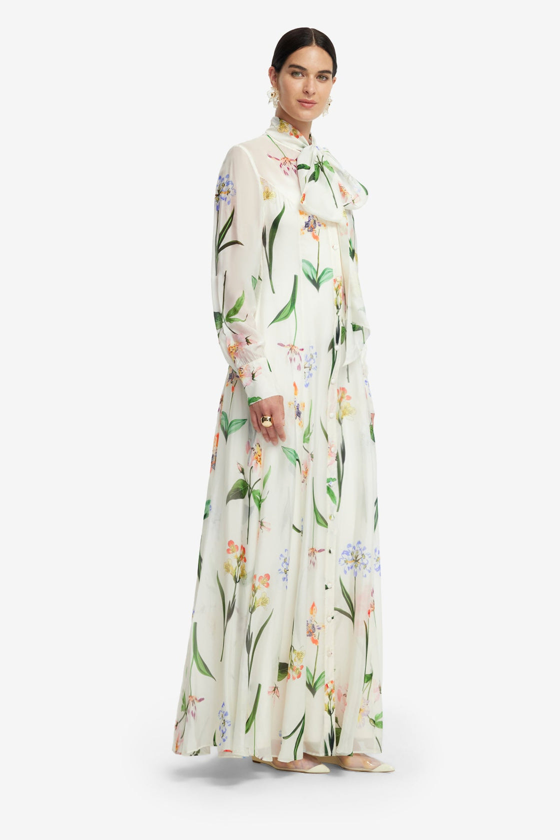 Floral Print With A Tie-Neck Collar Long Dress