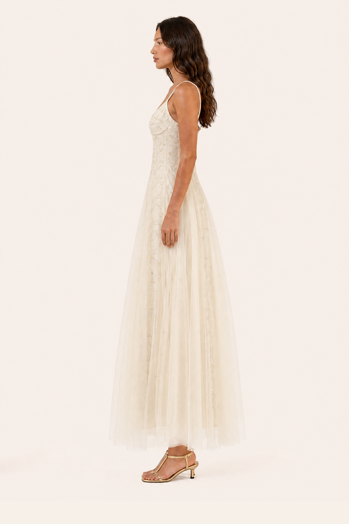 Champagne Floral Tulle Maxi Dress