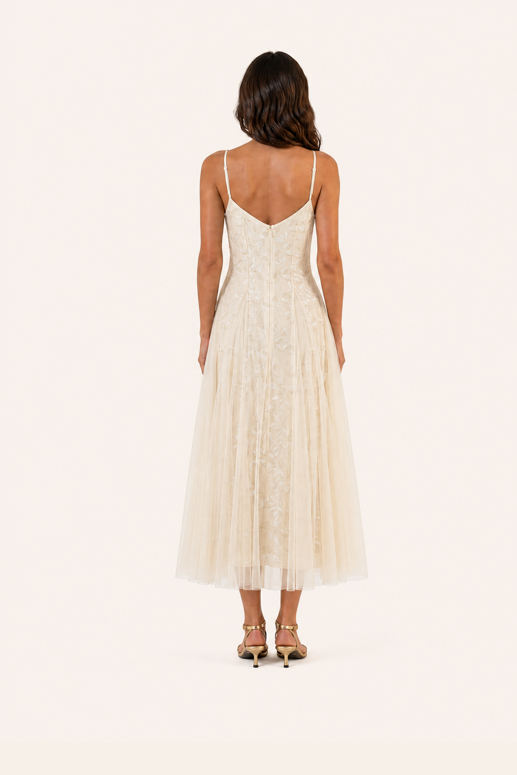 Champagne Floral Tulle Maxi Dress