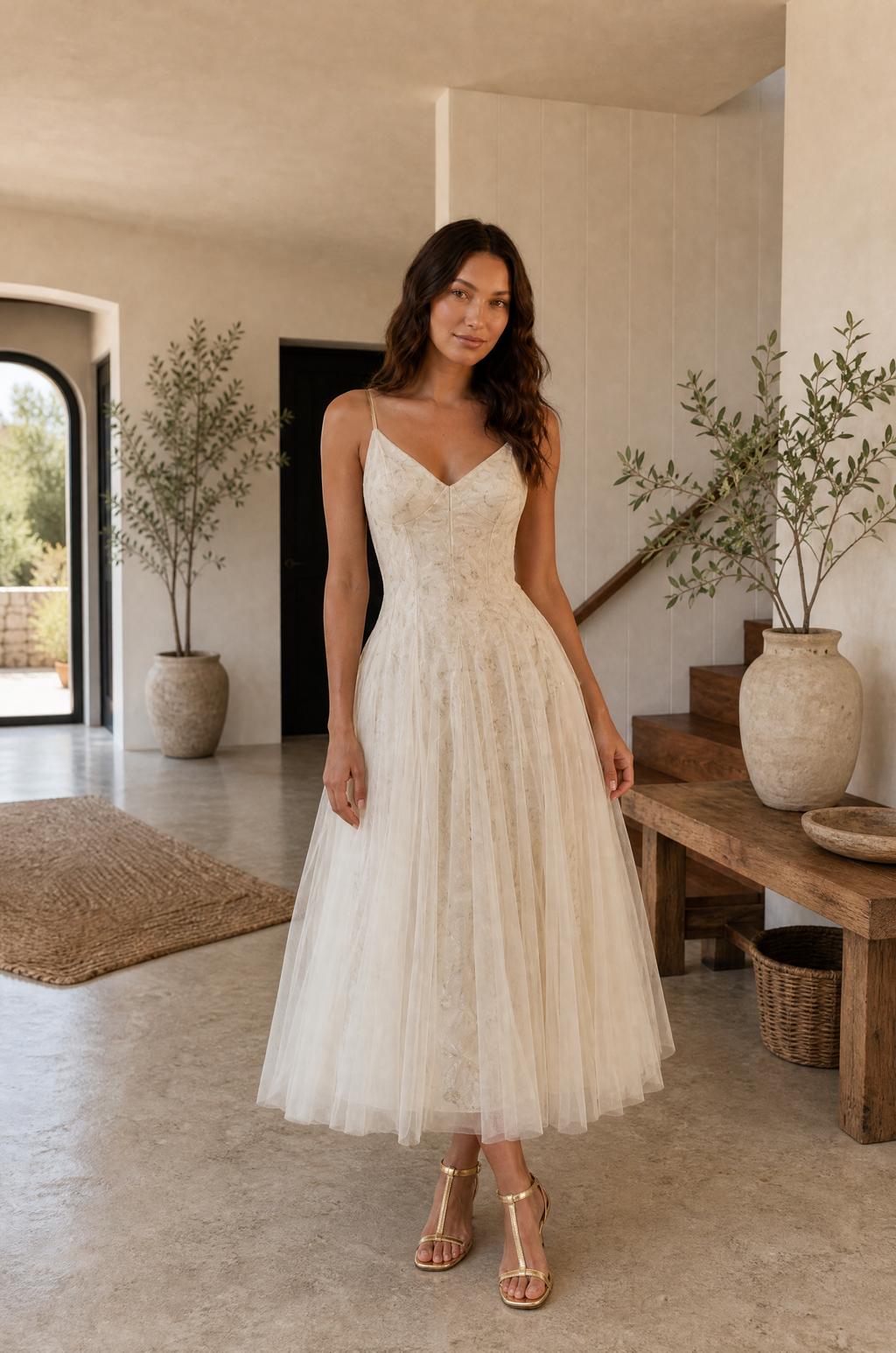 Champagne Floral Tulle Maxi Dress