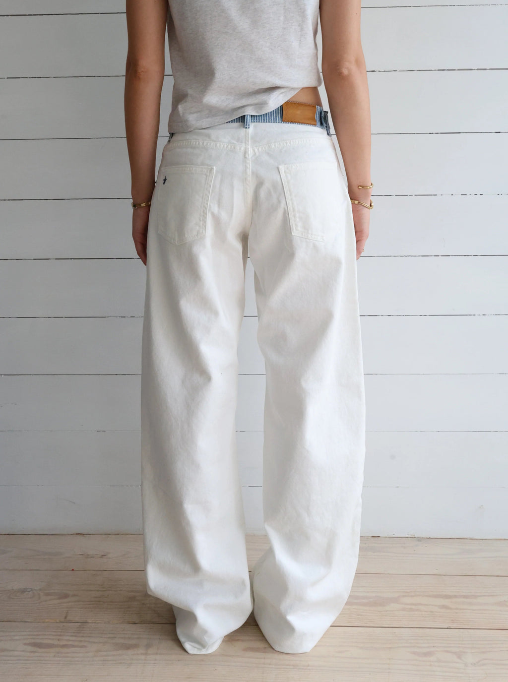 Creamy Stripe-Waist Wide-Leg Jeans