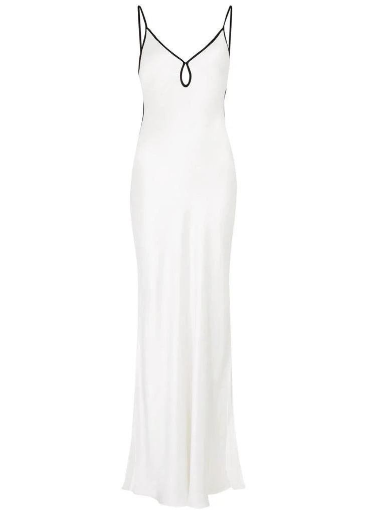 Ivory Noir Trim Satin Maxi Dress