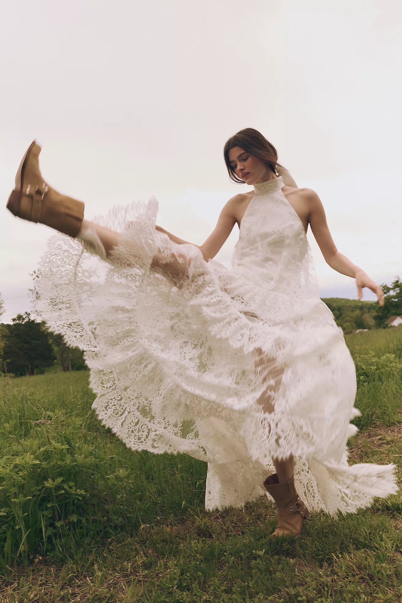 Lace Halter Ruffle Peekaboo Maxi Dress