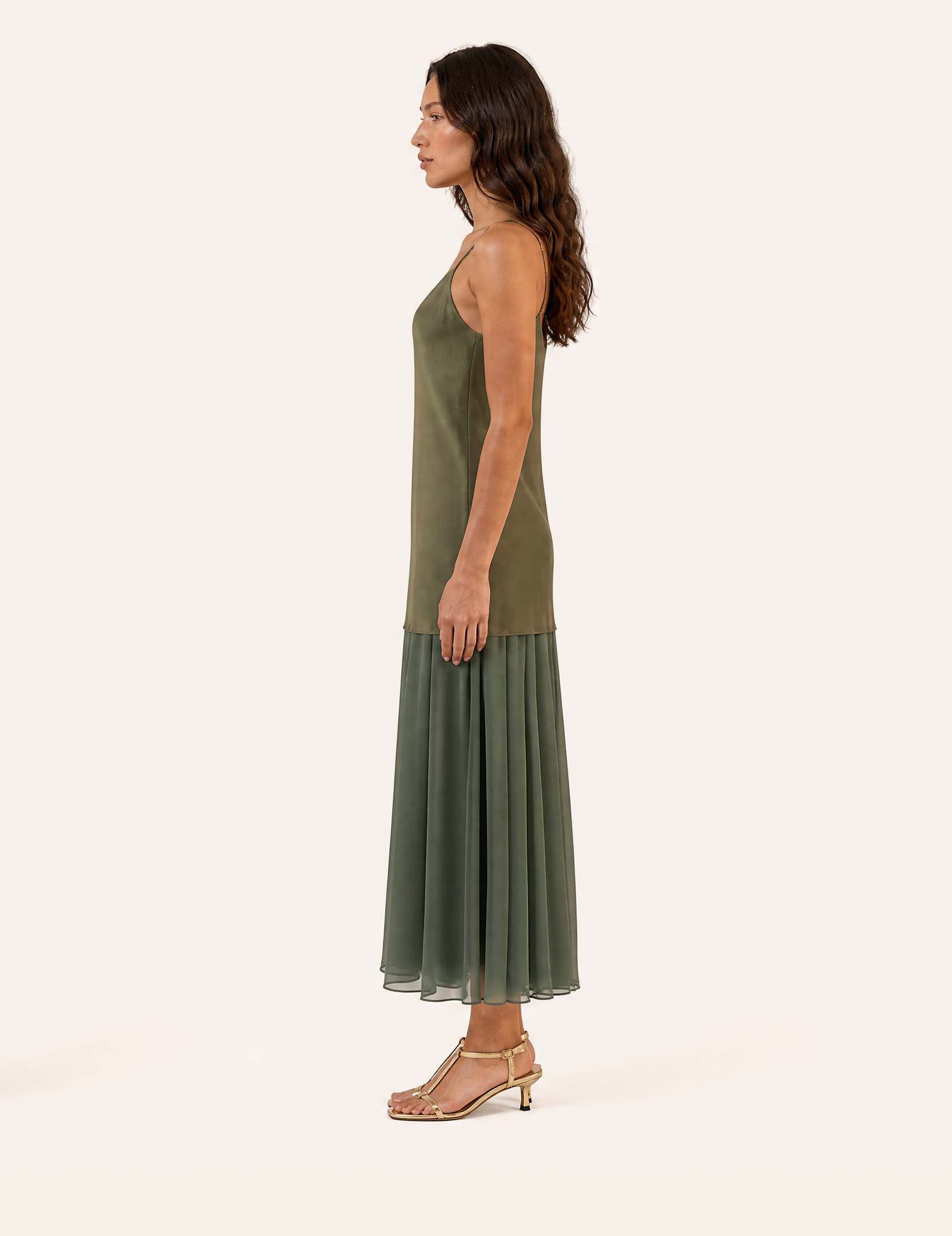 Olive Green Satin Slip Maxi Dress