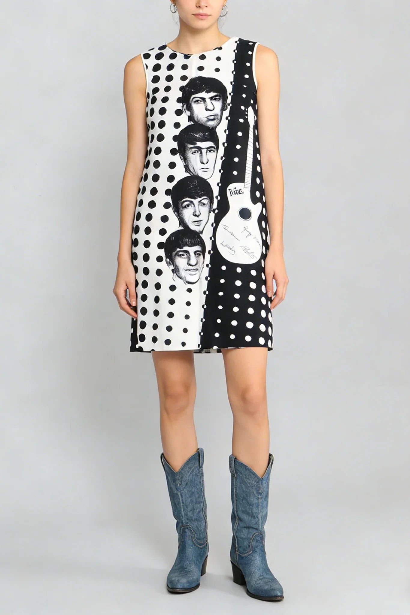 Polka Dot Rock-Style illustrated Color-Blocked Sleeveless Mini Dress