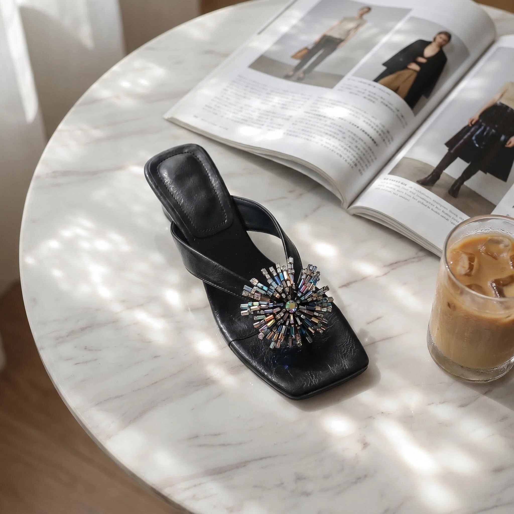 Crystal Embellished Square Toe Block Heel Sandals
