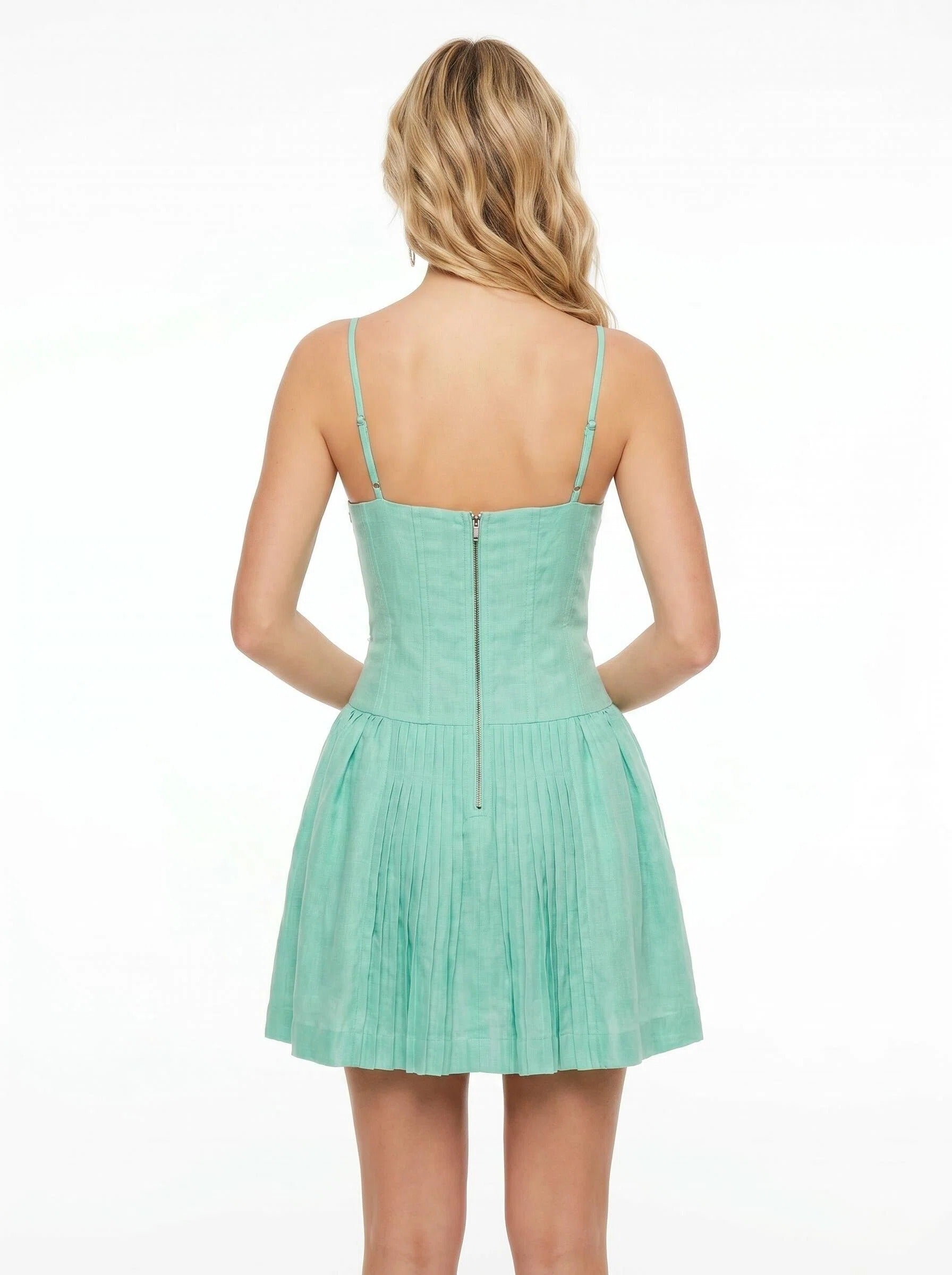 Mint Green Floral Pleated Mini Dress