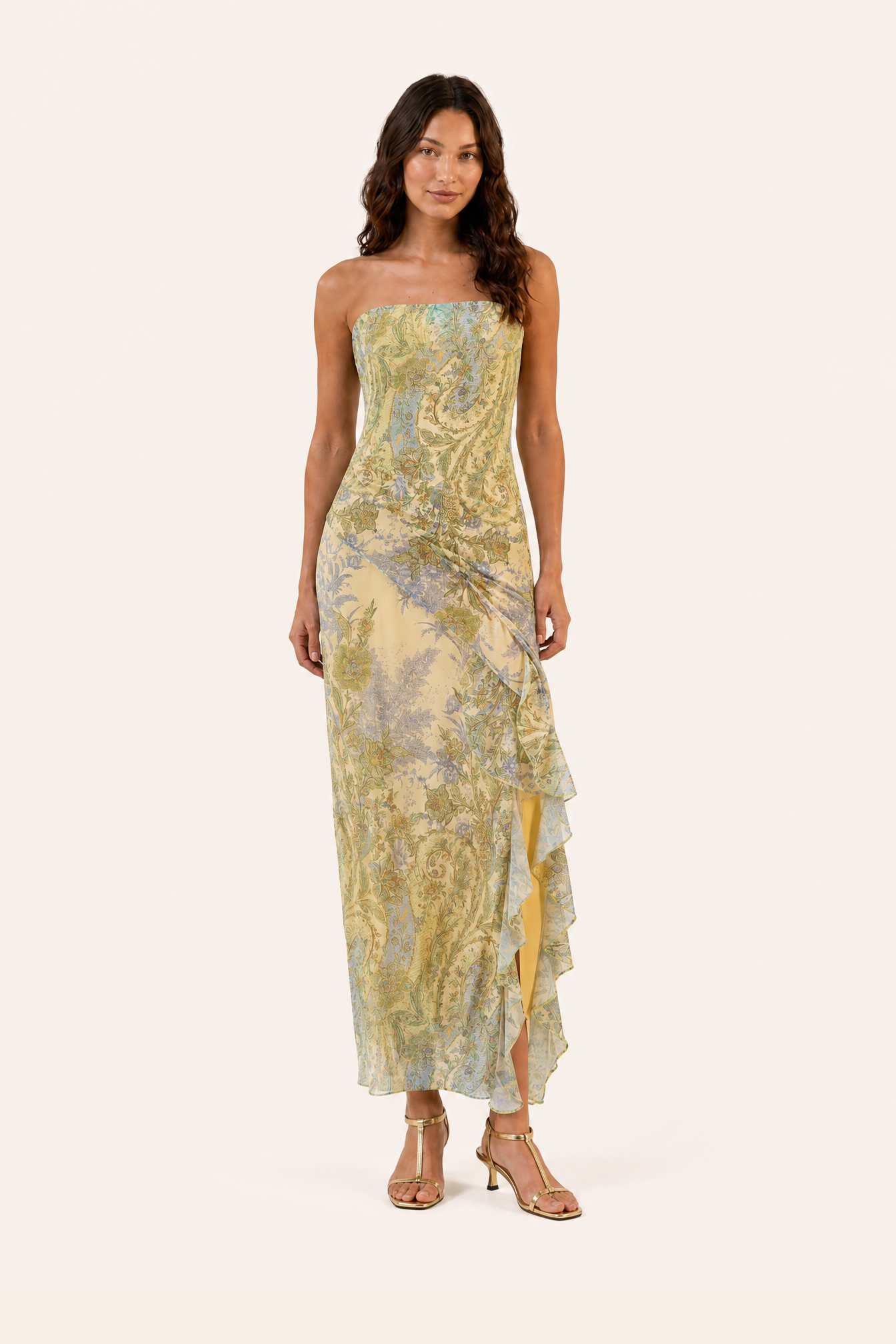 Elegant Printed Ruffle Maxi Dress