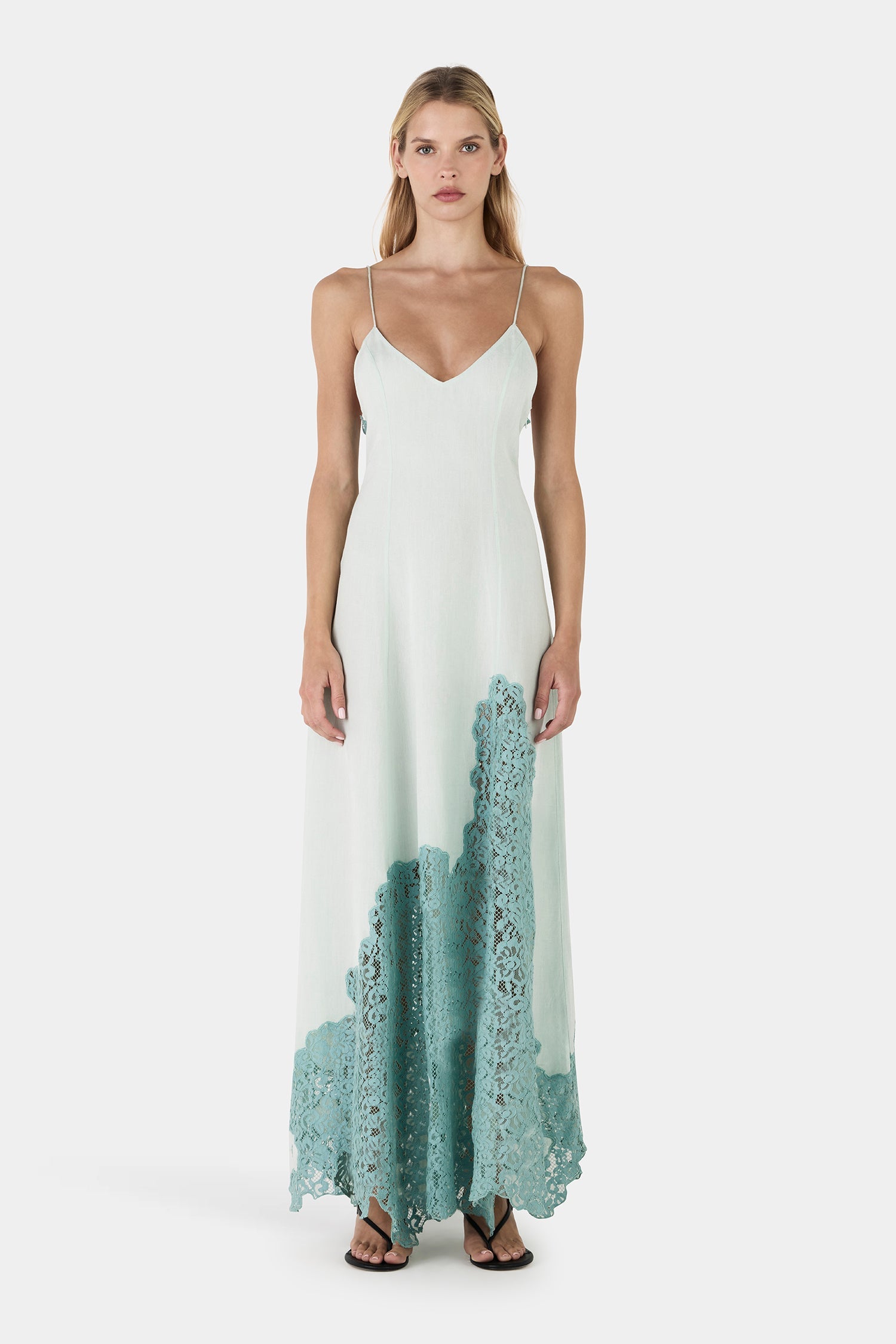 Ocean-Colored Lace Long Dress