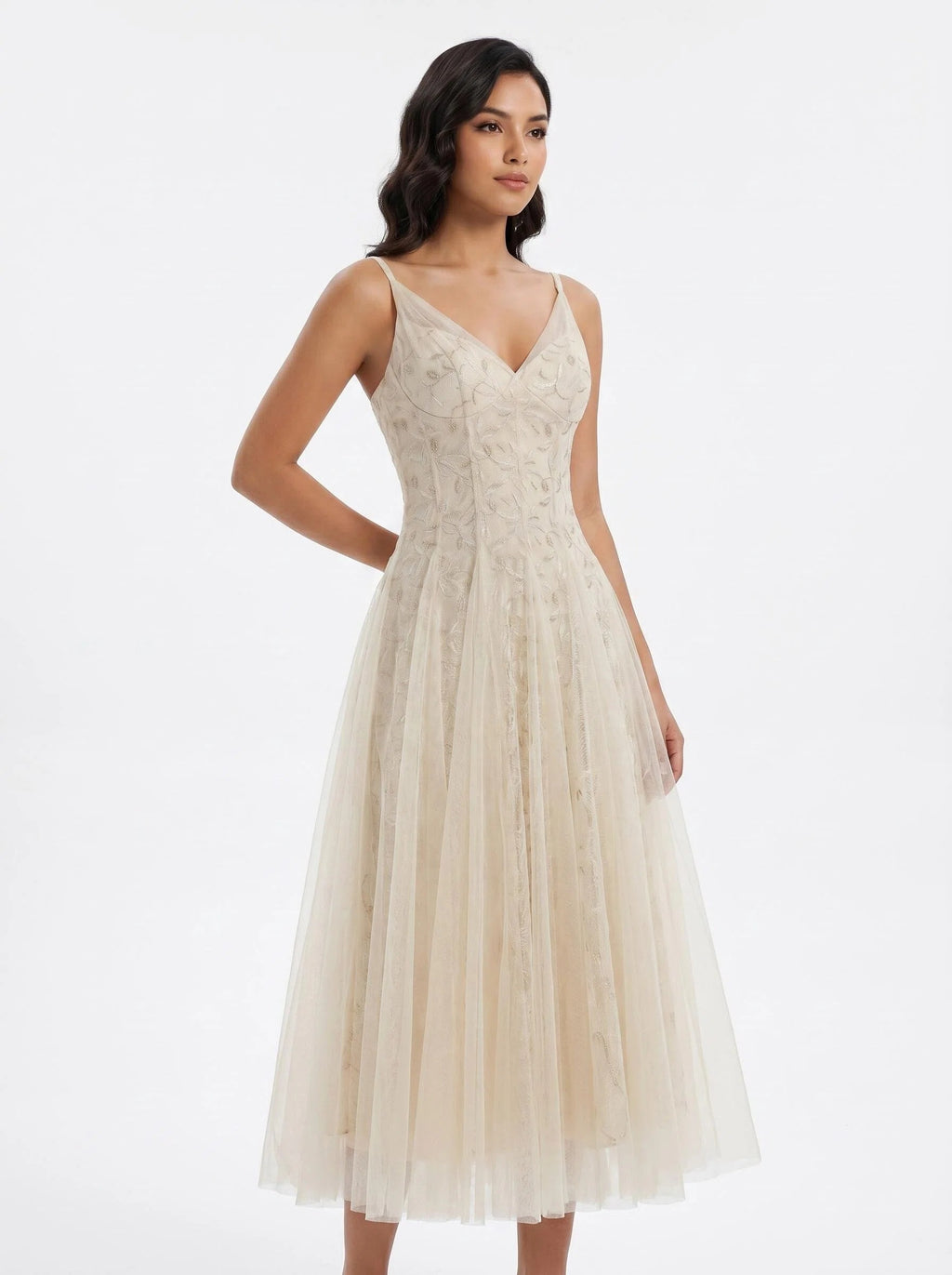 Champagne Floral Tulle Maxi Dress