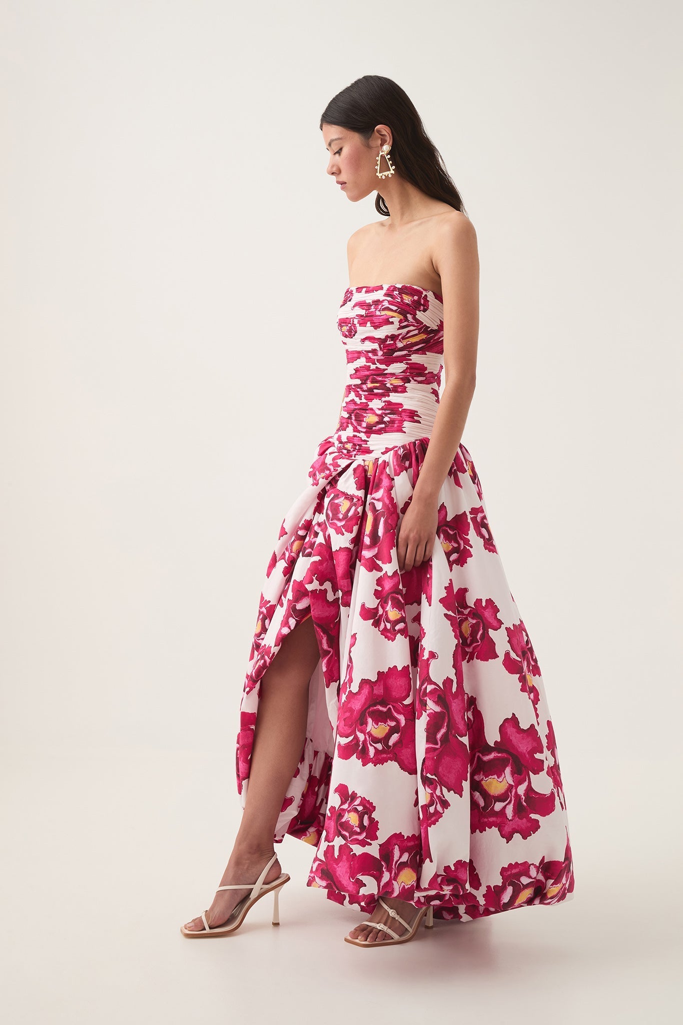 Floral Pleated Strapless Long Dress
