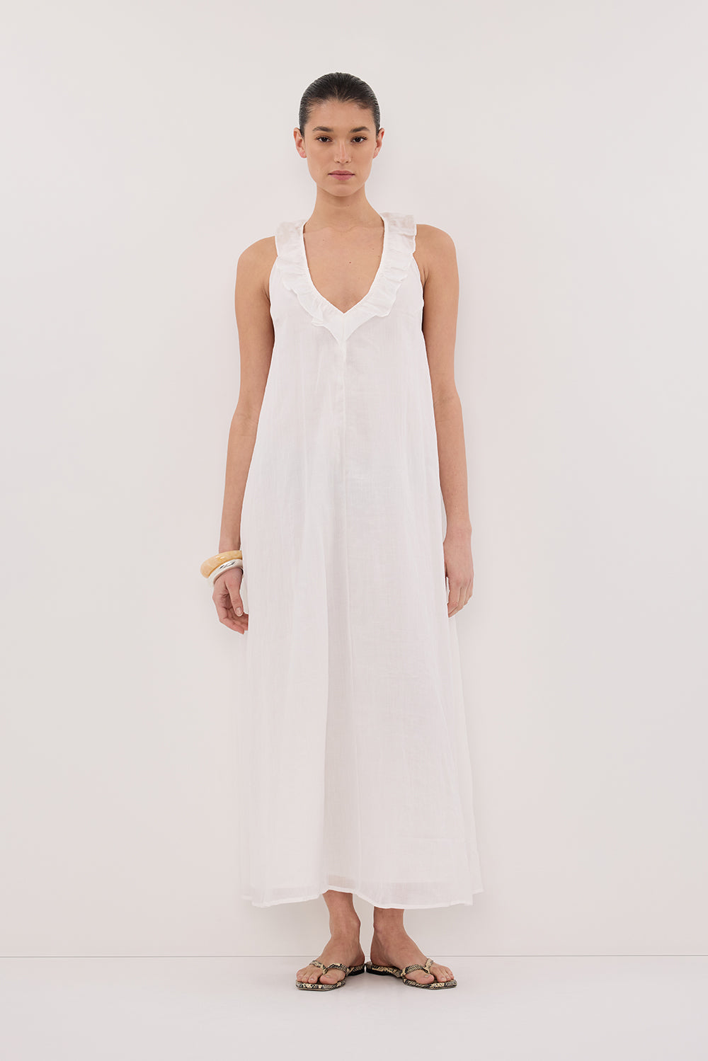 WHITE RAMIE SLEEVELESS MIDI DRESS