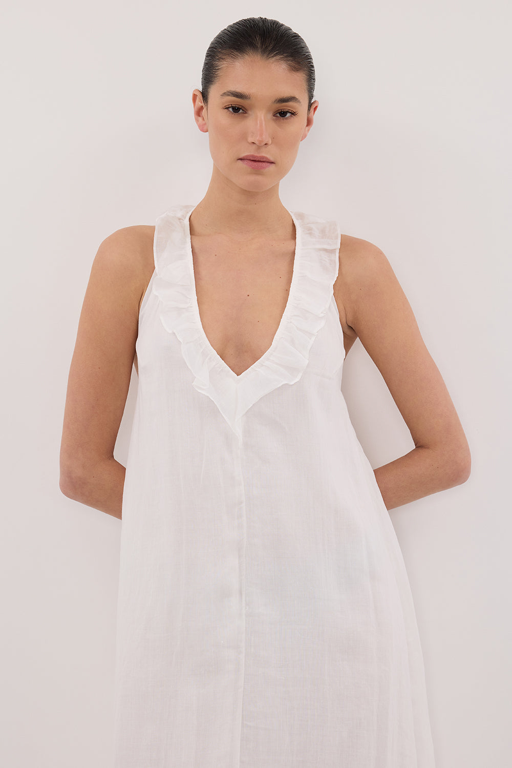 WHITE RAMIE SLEEVELESS MIDI DRESS