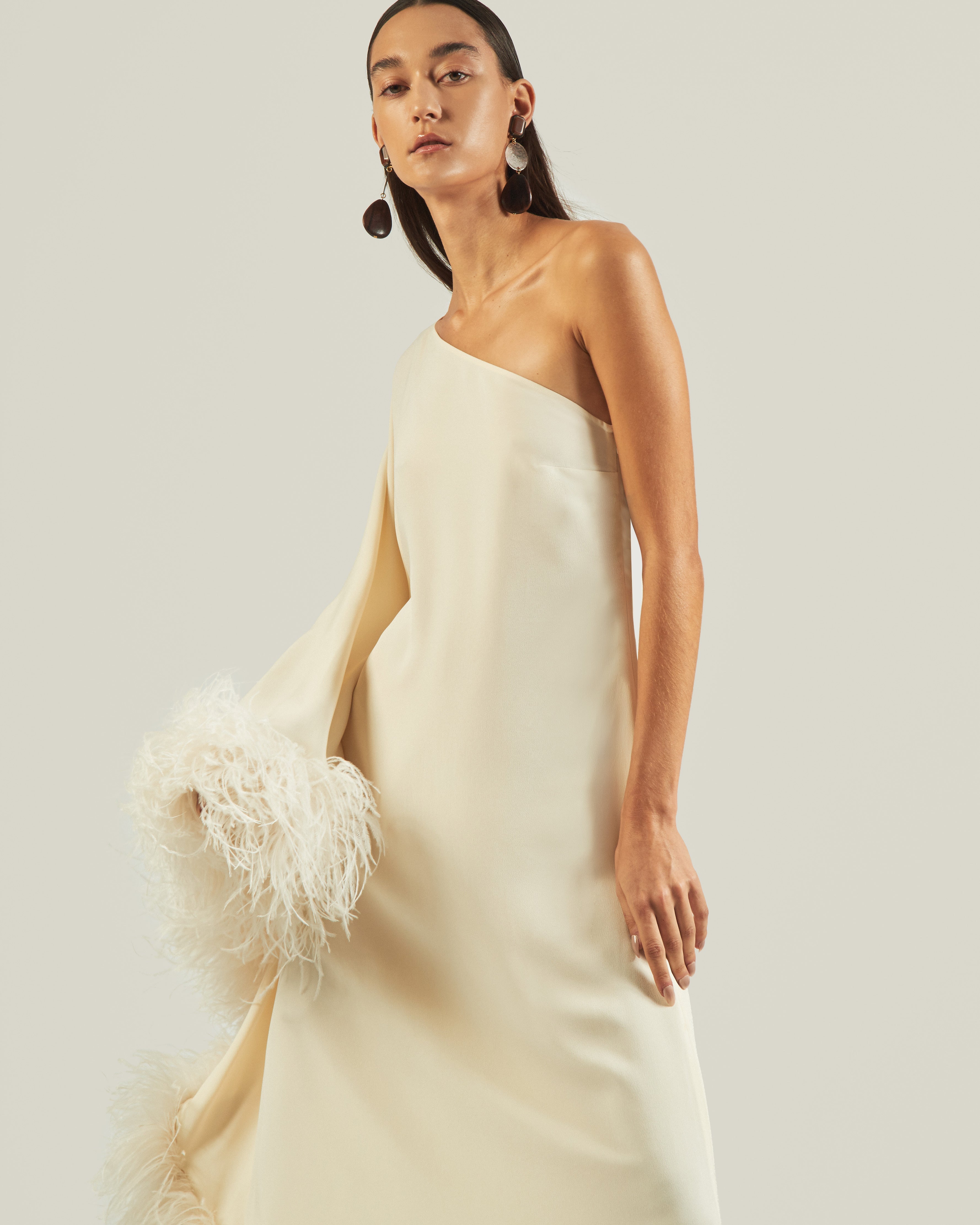 Feather-Trimmed One-Shoulder Dress