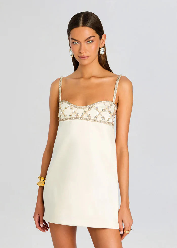 Ivory Beaded Spaghetti Strap Mini Dress