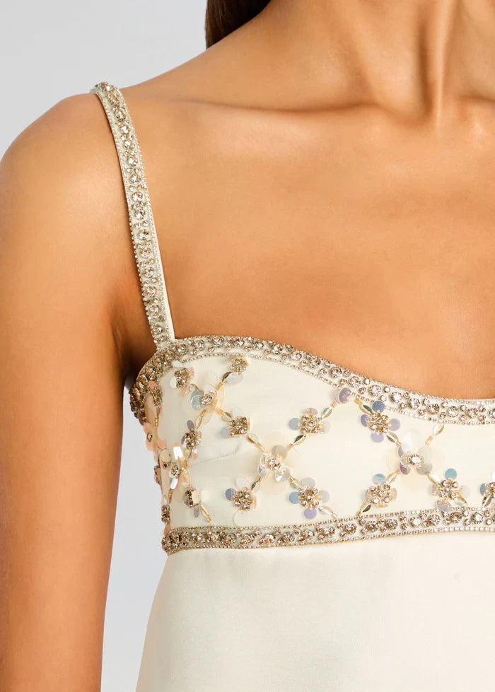 Ivory Beaded Spaghetti Strap Mini Dress