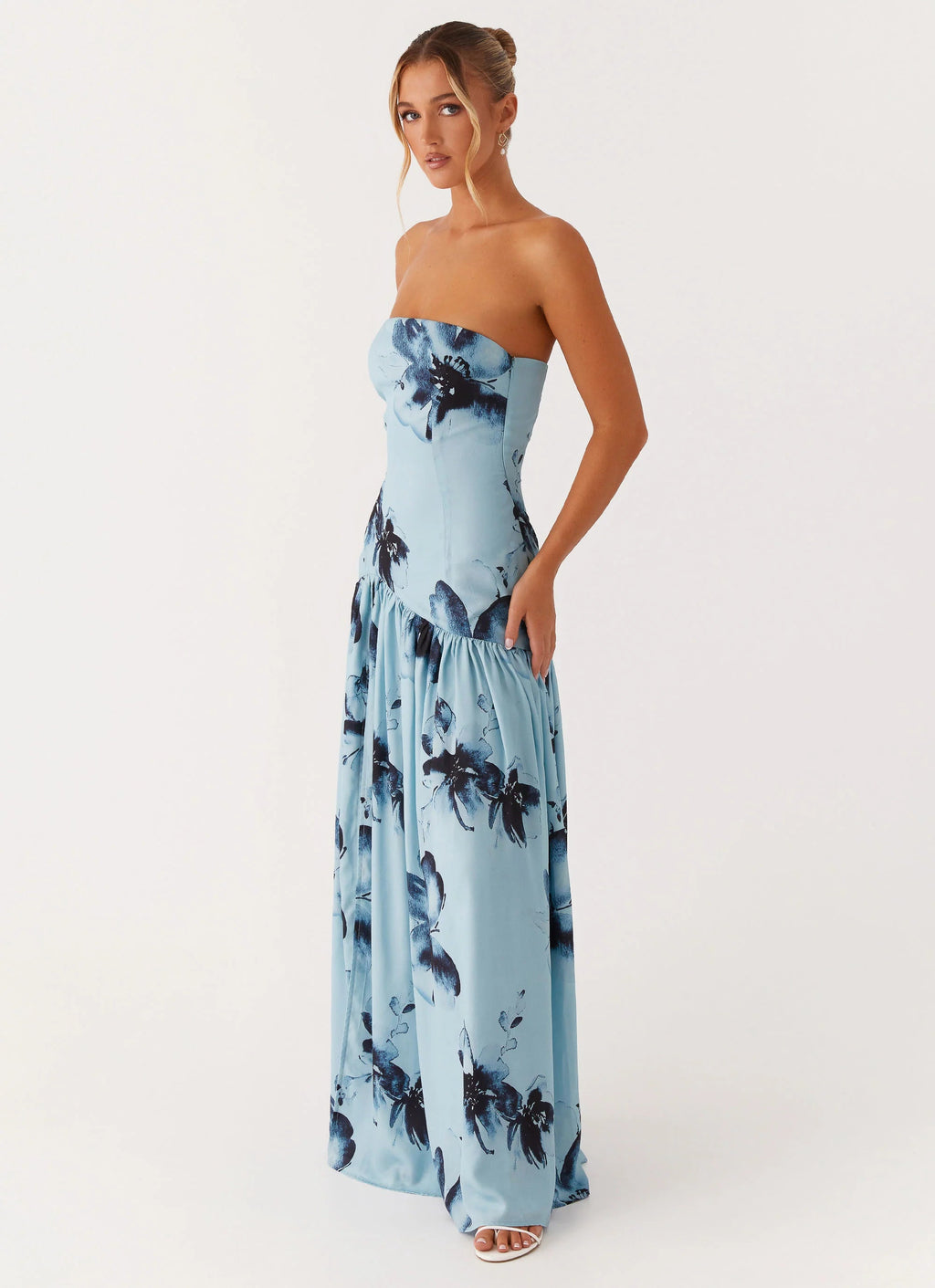 Floral Print Strapless High-Slit Maxi Dress