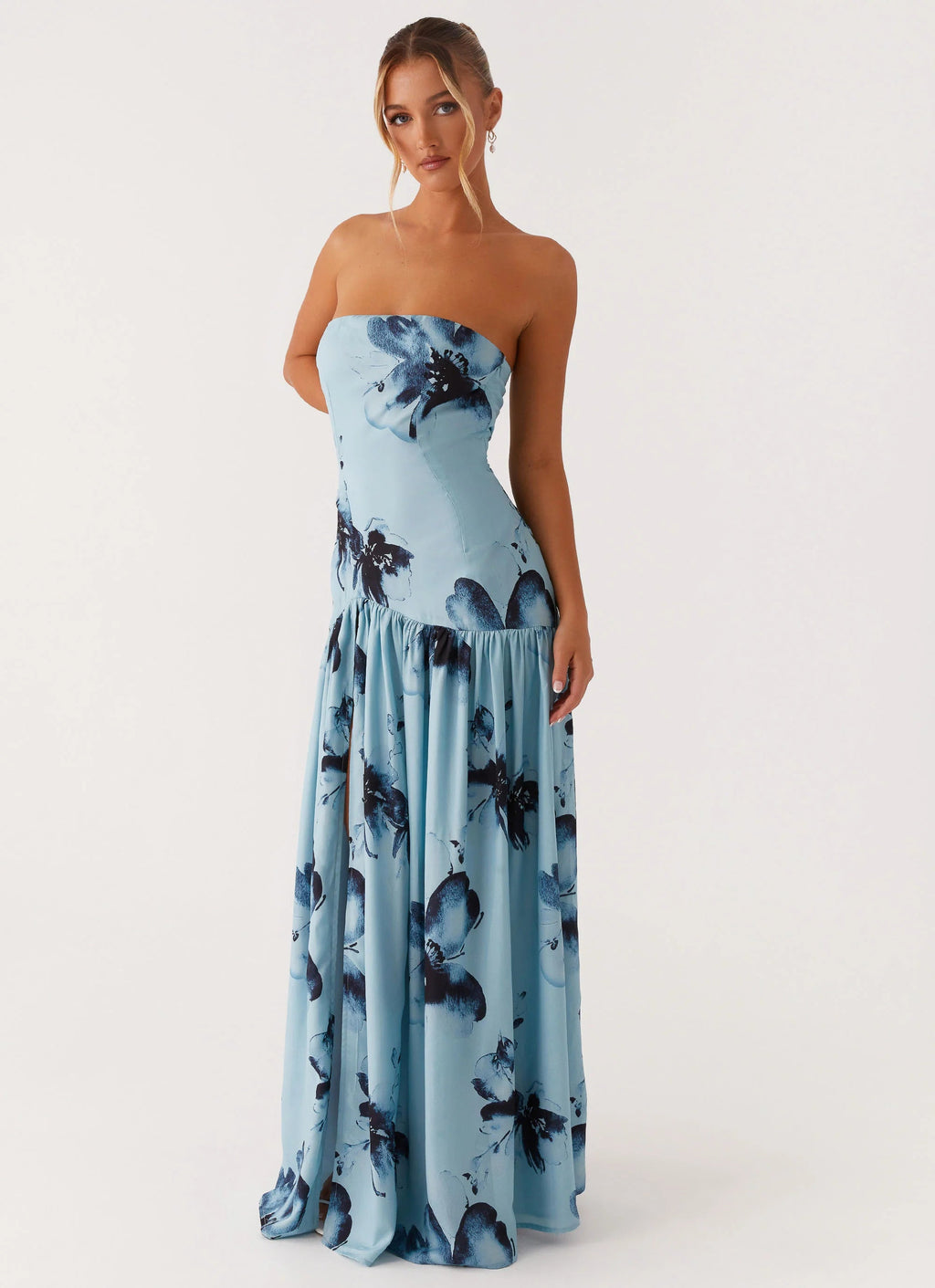 Floral Print Strapless High-Slit Maxi Dress