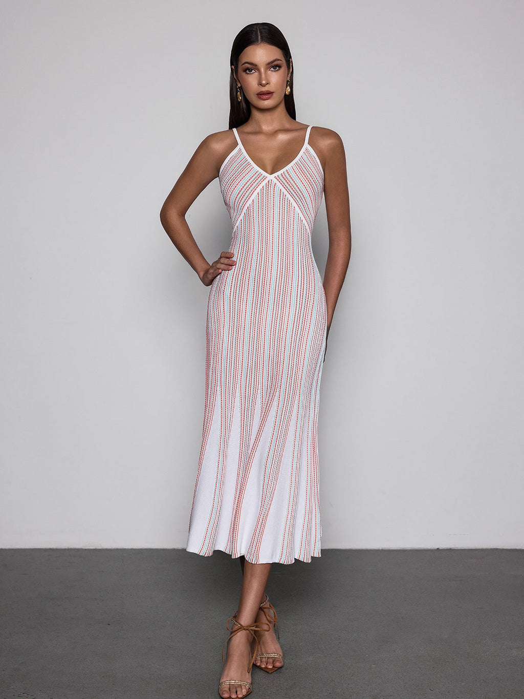 Favixor Striped V-Neck Knit Midi Dress