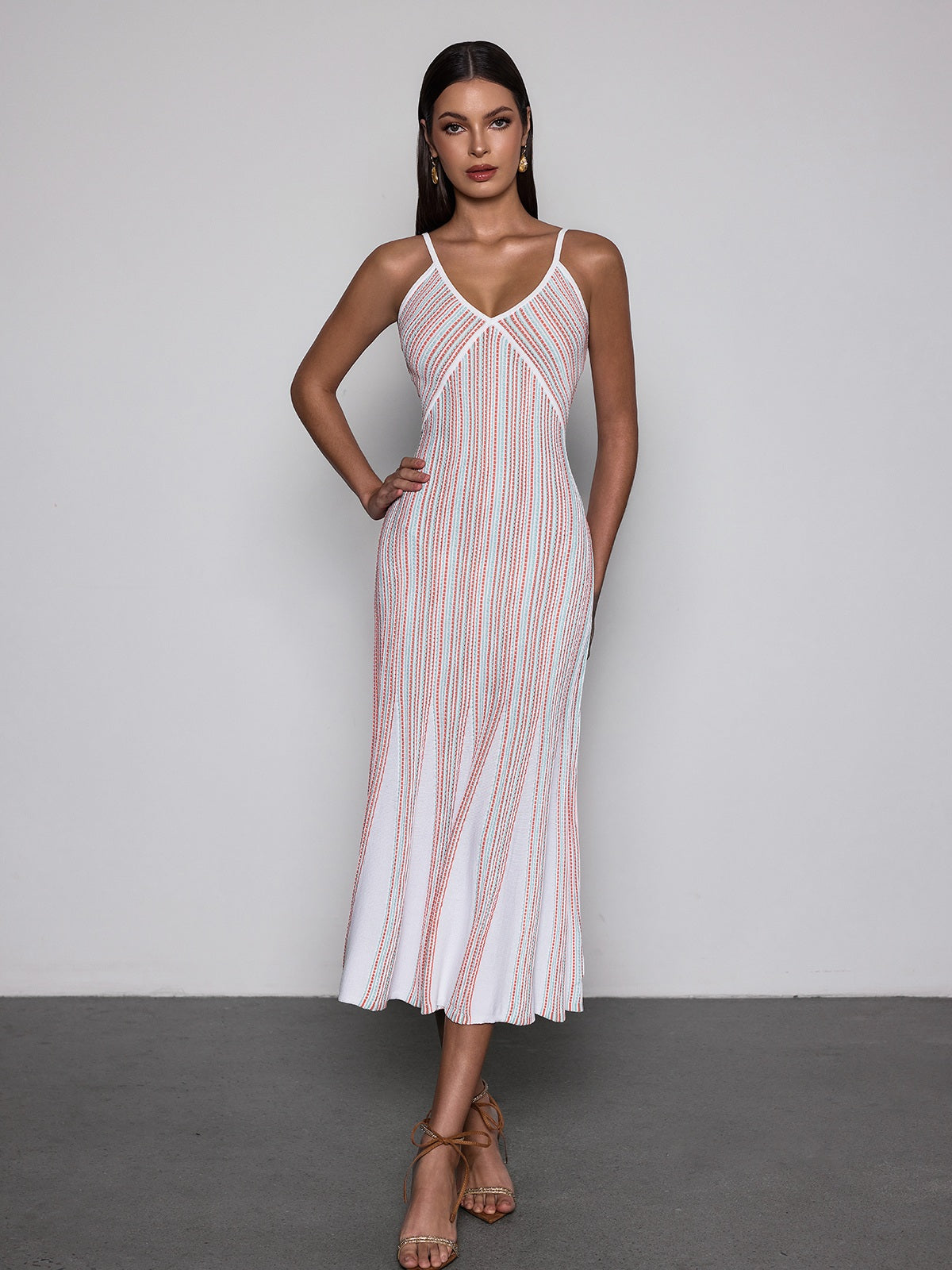 Favixor Striped V-Neck Knit Midi Dress