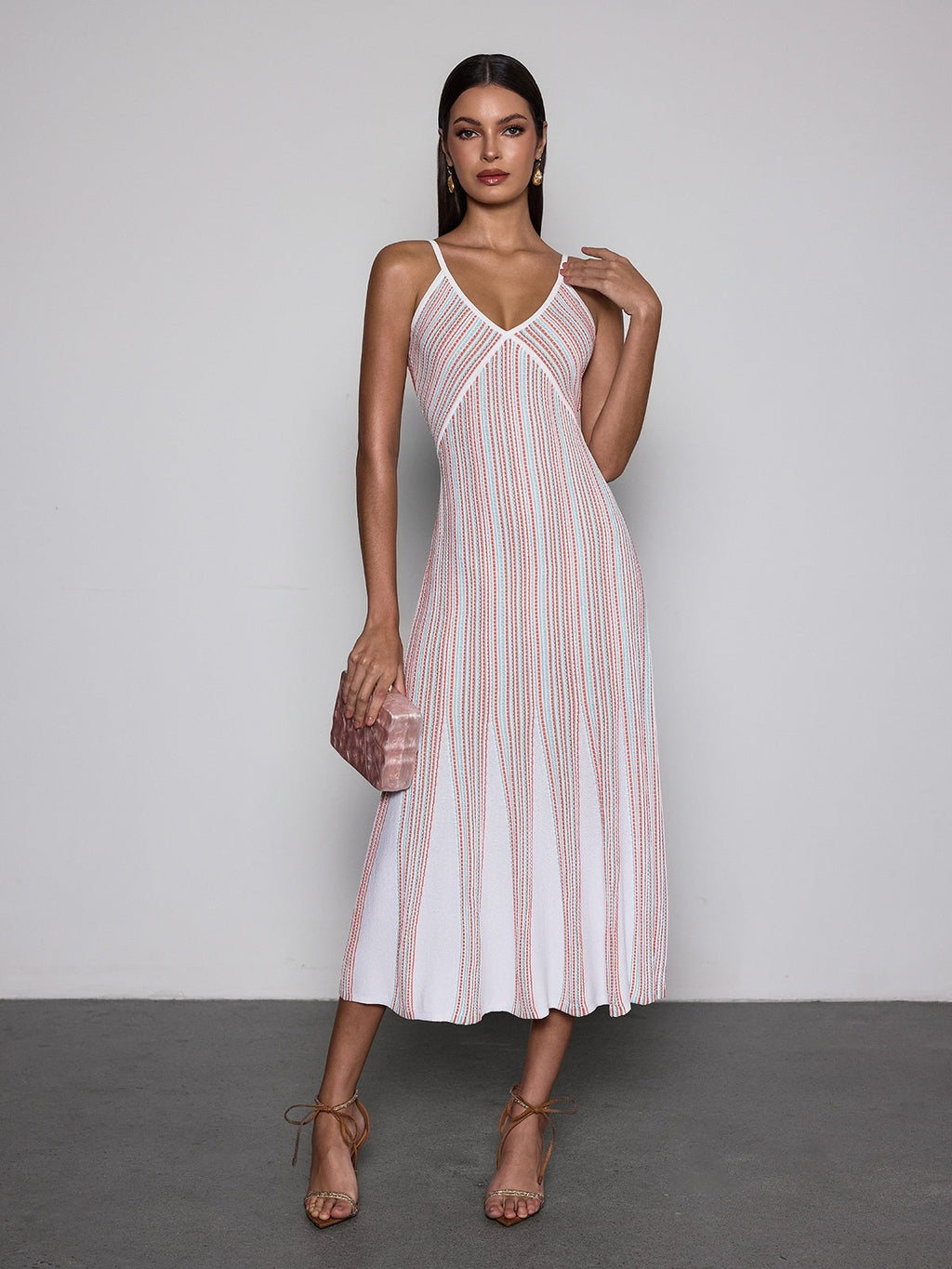 Favixor Striped V-Neck Knit Midi Dress