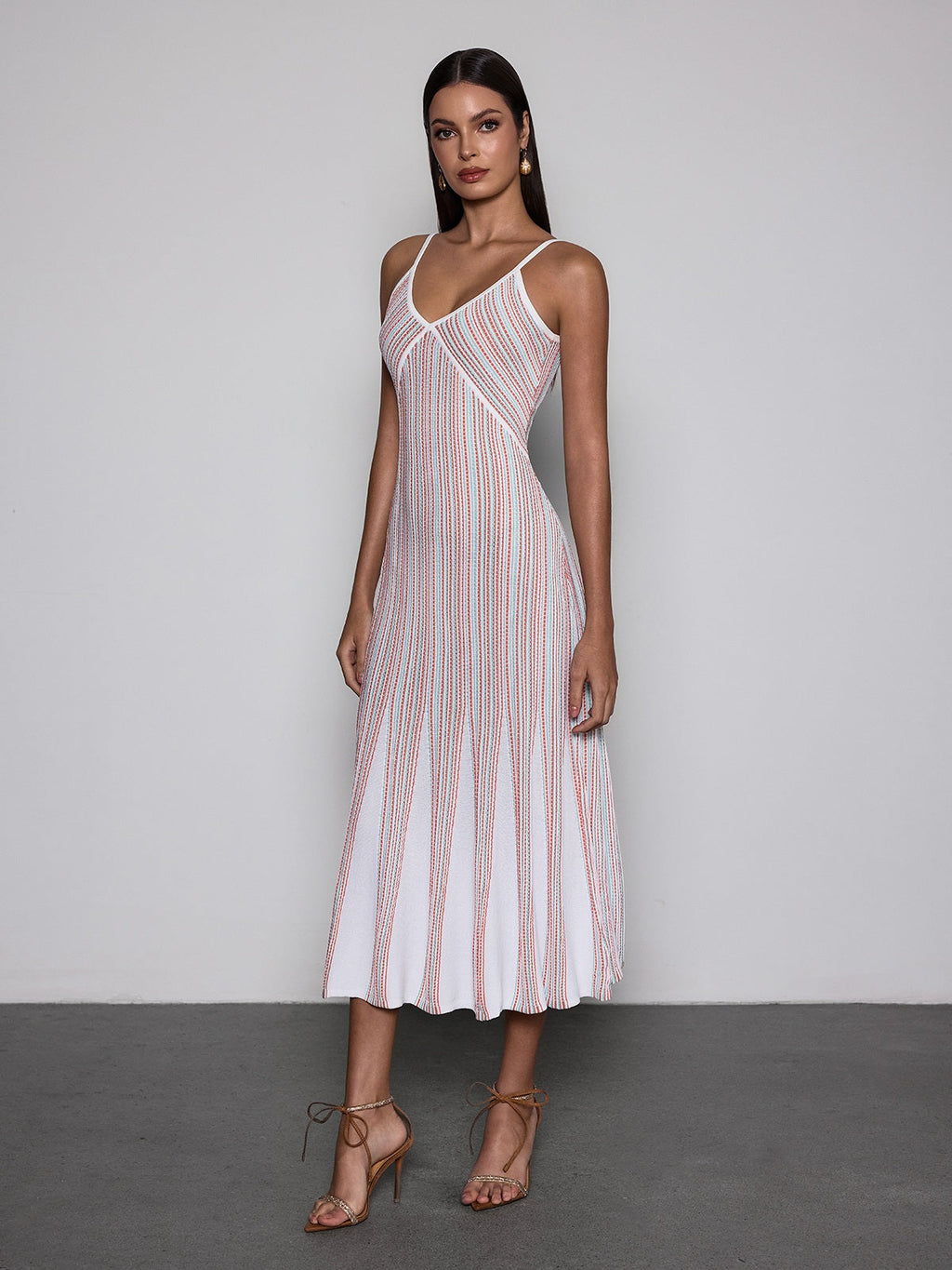 Favixor Striped V-Neck Knit Midi Dress