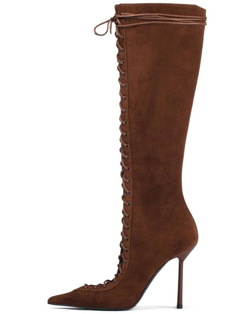 Chocolate Brown Suede Lace-Up Stiletto Knee High Boots