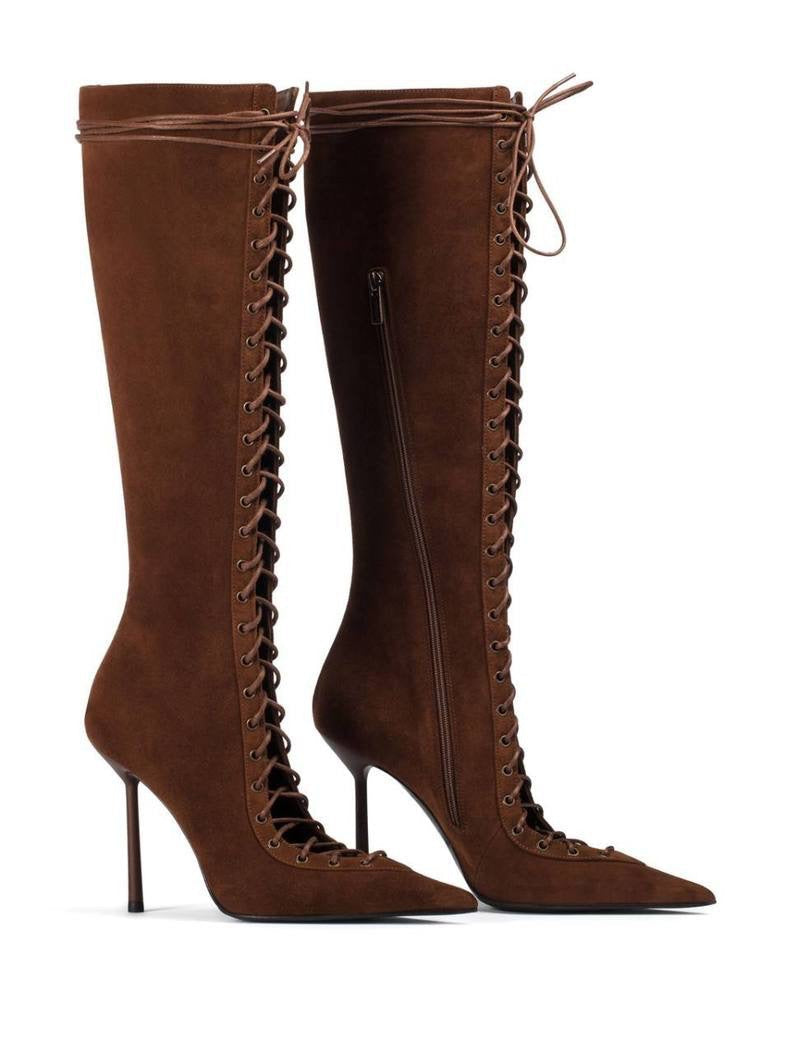 Chocolate Brown Suede Lace-Up Stiletto Knee High Boots