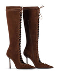 Chocolate Brown Suede Lace-Up Stiletto Knee High Boots