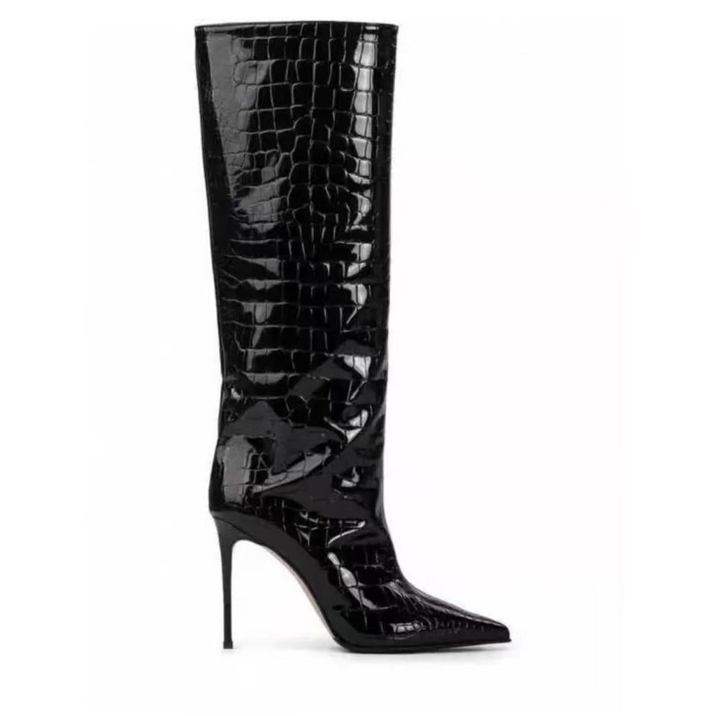 Faux Crocodile Leather Knee-High Boots