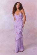 Enchanted Lavender Floral Ruffle Chiffon Maxi Dress - Moonlit Bloom