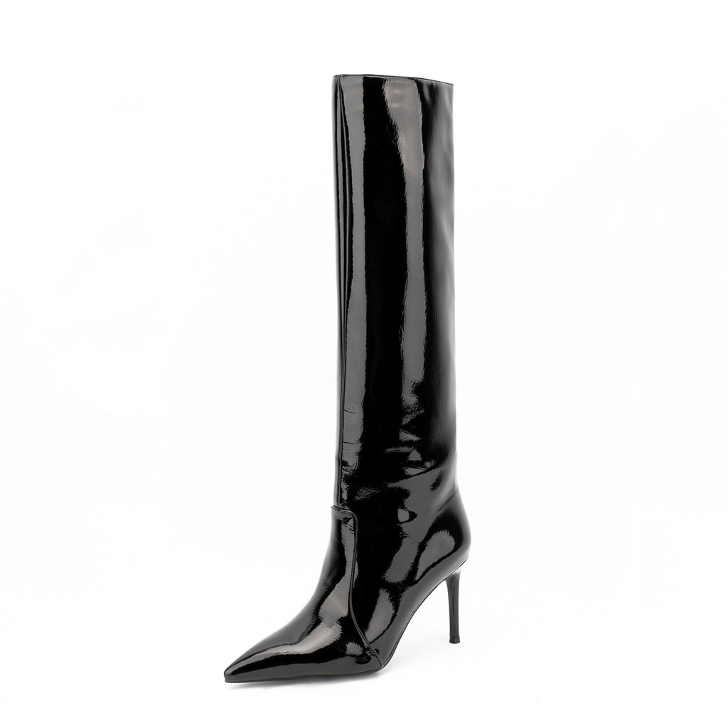 Black Patent Leather Pointed Toe Stiletto Knee High Boots