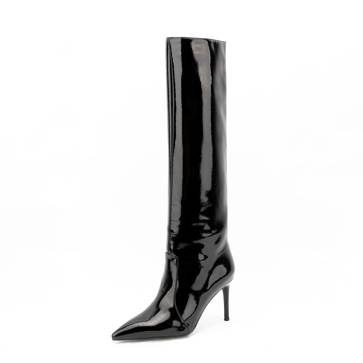 Black Patent Leather Pointed Toe Stiletto Knee High Boots