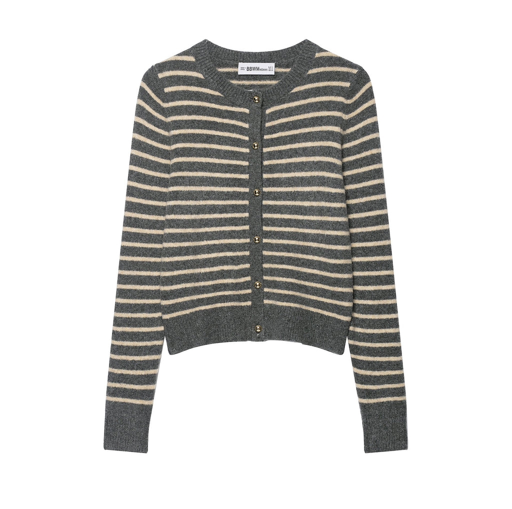 Striped Crew Neck Knit Cardigan – Classic Cozy Layer